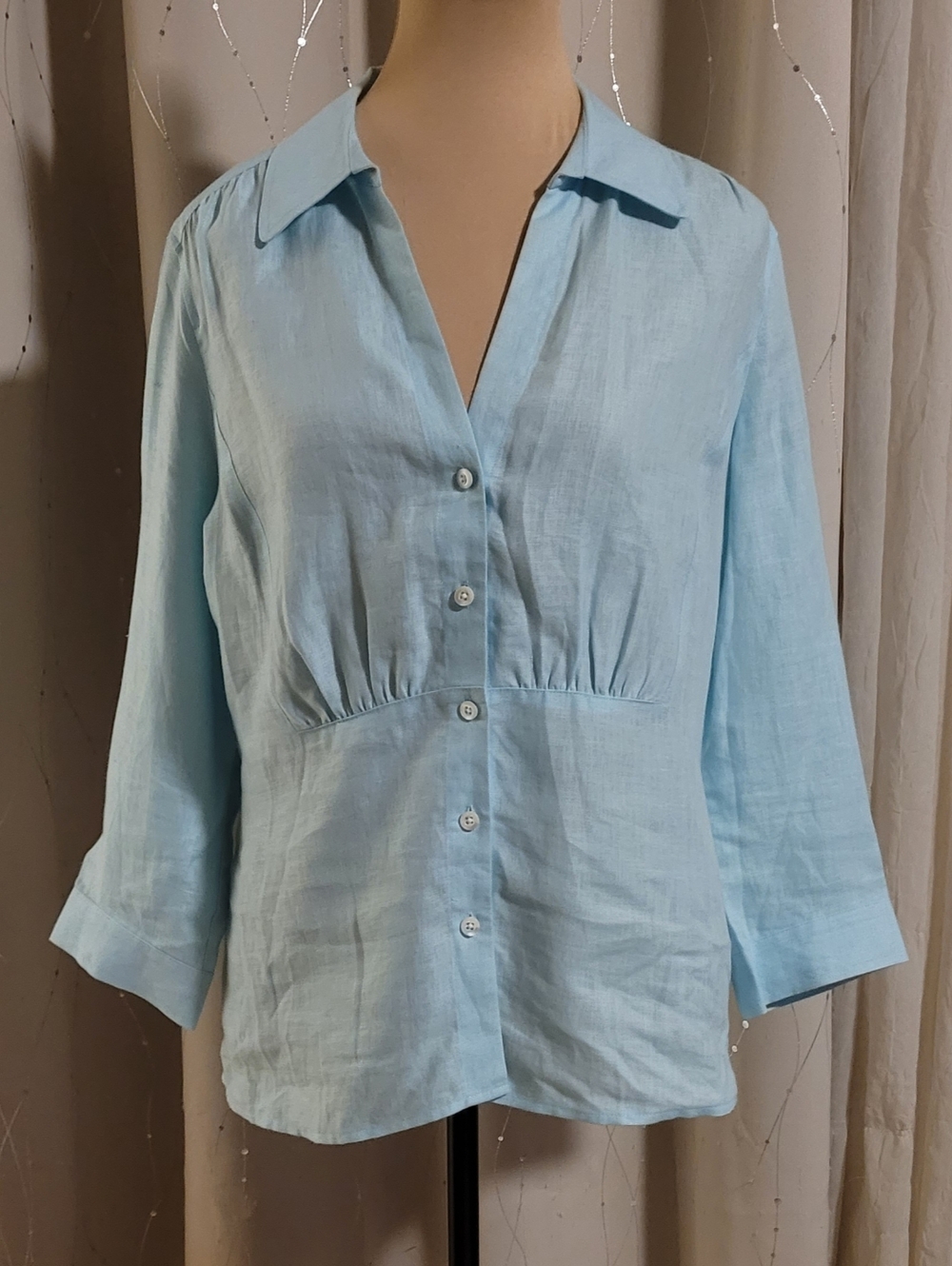 Talbots 100% Pure Irish Linen Empire Waist Blouse Aqua Blue Size 12